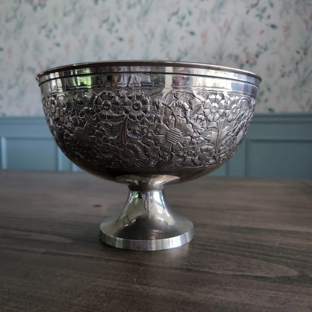 EPNS Floral Embossed Pedestal Bowl Silver Made in India Large Ornate Centerpiece